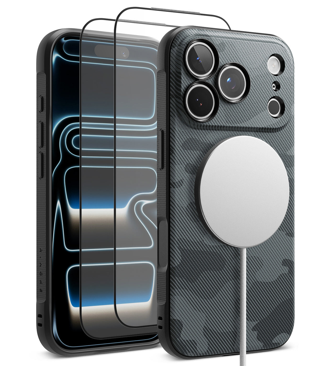 [Bundle] iPhone 18 Pro / Pro Max | Onyx Magnetic + Protectors - A black carbon-fiber-texture phone case with a circular MagSafe ring, shown alongside a matching phone and a clear screen protector on a white background.