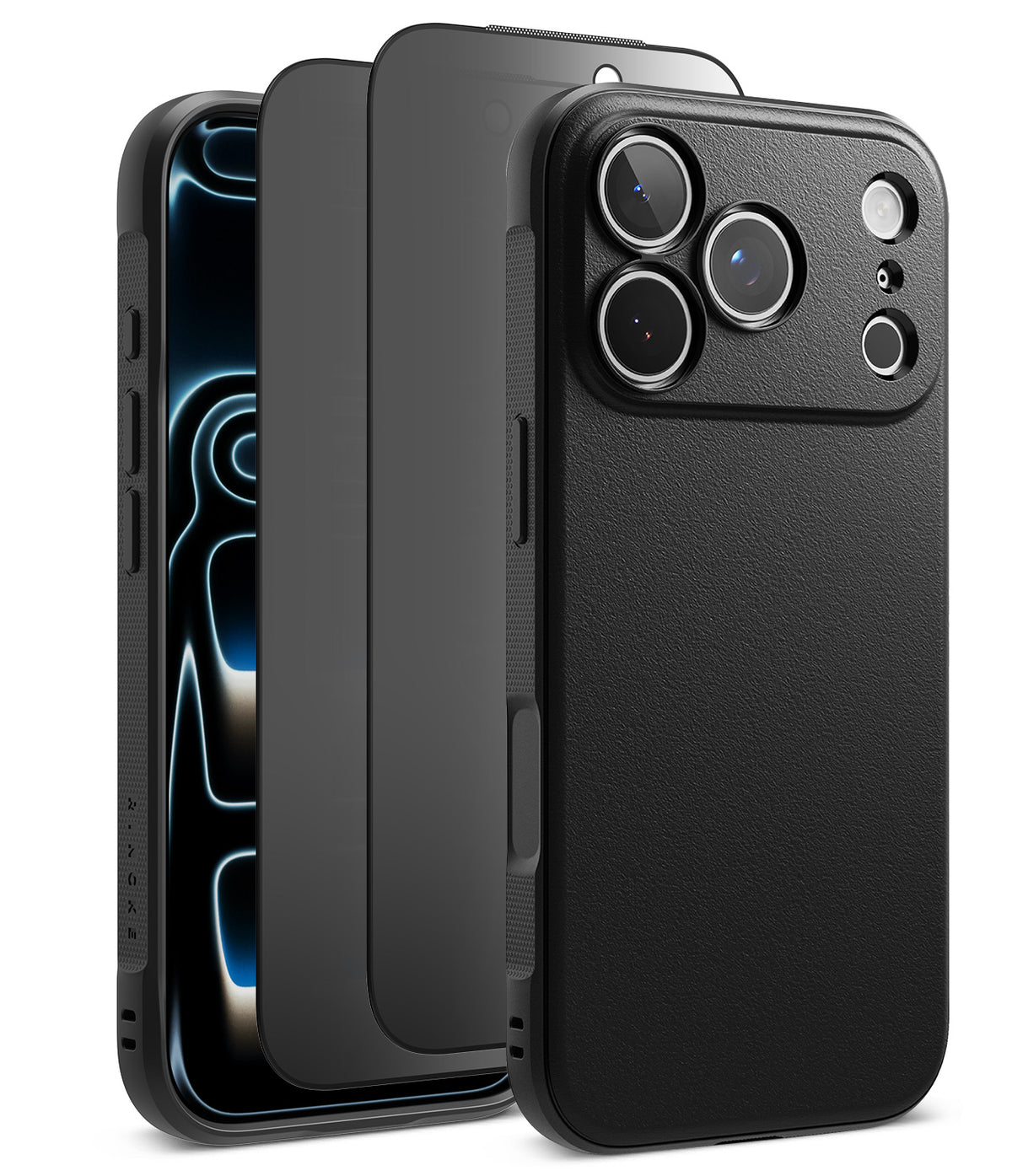 [Bundle] iPhone 18 Pro / Pro Max | Onyx + Privacy Protectors - Three views of a black textured phone case shown on a smartphone, including the back view with a raised camera cutout and side views showing the front and edge thickness, on a white background.