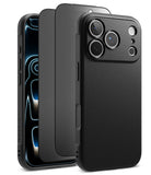 [Bundle] iPhone 18 Pro / Pro Max | Onyx + Privacy Protectors - Three views of a black textured phone case shown on a smartphone, including the back view with a raised camera cutout and side views showing the front and edge thickness, on a white background.