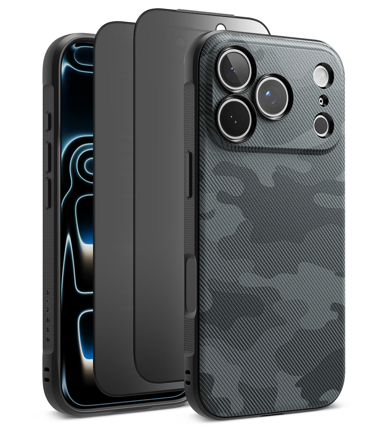 [Bundle] iPhone 18 Pro / Pro Max | Onyx + Privacy Protectors - Three views of a rugged smartphone case on a white background, showing the front bumper, back panel, and a close-up of the textured dark gray and black camouflage-style back with camera cutouts.