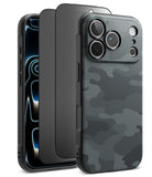 [Bundle] iPhone 18 Pro / Pro Max | Onyx + Privacy Protectors - Three views of a rugged smartphone case on a white background, showing the front bumper, back panel, and a close-up of the textured dark gray and black camouflage-style back with camera cutouts.