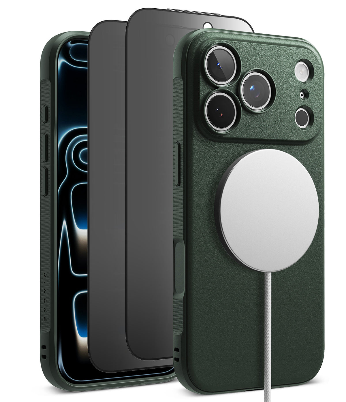 [Bundle] iPhone 18 Pro / Pro Max | Onyx Magnetic + Privacy Protectors - A dark green textured phone case with a built-in MagSafe ring, shown alongside a black phone and a black screen protector on a clean white background.