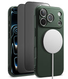 [Bundle] iPhone 18 Pro / Pro Max | Onyx Magnetic + Privacy Protectors - A dark green textured phone case with a built-in MagSafe ring, shown alongside a black phone and a black screen protector on a clean white background.