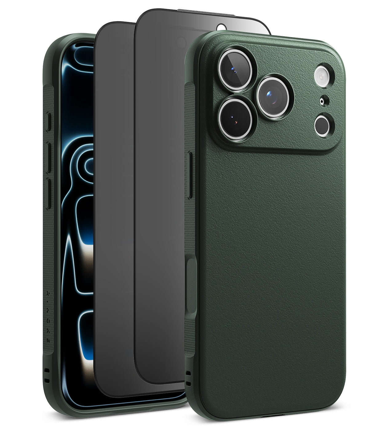 [Bundle] iPhone 18 Pro / Pro Max | Onyx + Privacy Protectors - A dark green textured phone case shown on a smartphone, alongside two transparent screen protectors, on a clean white background.