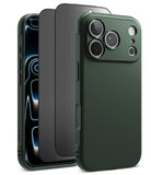[Bundle] iPhone 18 Pro / Pro Max | Onyx + Privacy Protectors - A dark green textured phone case shown on a smartphone, alongside two transparent screen protectors, on a clean white background.