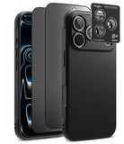 [Bundle] iPhone 18 Pro / Pro Max | Onyx + Privacy Protectors - Three black protective phone cases are shown on iPhones, including a textured leather-look back cover, a slim matte case, and a rugged bumper case. A Ringke camera lens protector sticker is shown in the top right corner.