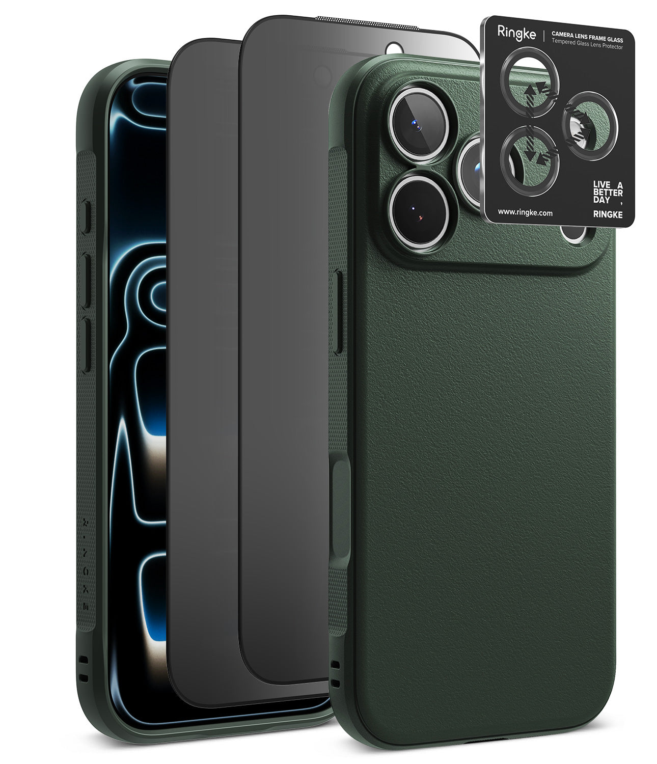 [Bundle] iPhone 18 Pro / Pro Max | Onyx + Privacy Protectors - A dark green textured phone case shown on a smartphone, alongside a black transparent screen protector and a small Ringke camera lens protector card, on a white background.