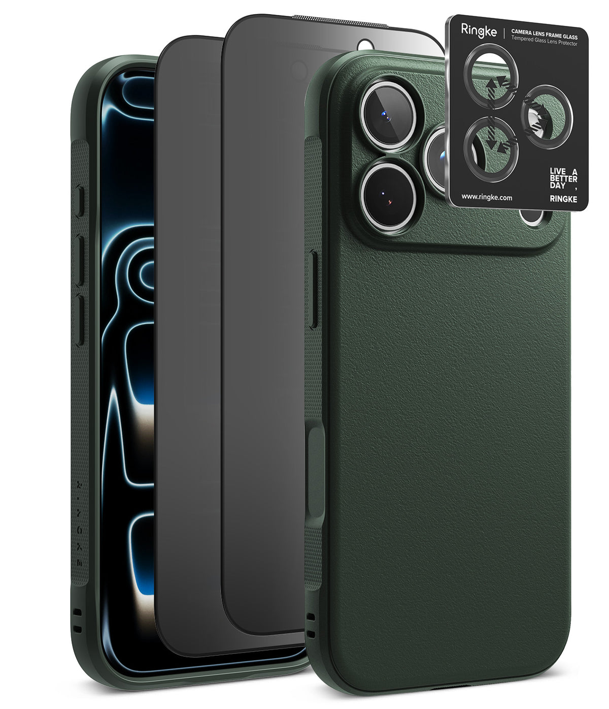 [Bundle] iPhone 18 Pro / Pro Max | Onyx + Privacy Protectors - A dark green textured phone case shown on a smartphone, alongside a black transparent screen protector and a small Ringke camera lens protector card, on a white background.
