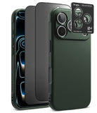 [Bundle] iPhone 18 Pro / Pro Max | Onyx + Privacy Protectors - A dark green textured phone case shown on a smartphone, alongside a black transparent screen protector and a small Ringke camera lens protector card, on a white background.