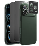 [Bundle] iPhone 18 Pro / Pro Max | Onyx + Privacy Protectors - A dark green textured phone case shown on a smartphone, alongside a black transparent screen protector and a small Ringke camera lens protector card, on a white background.