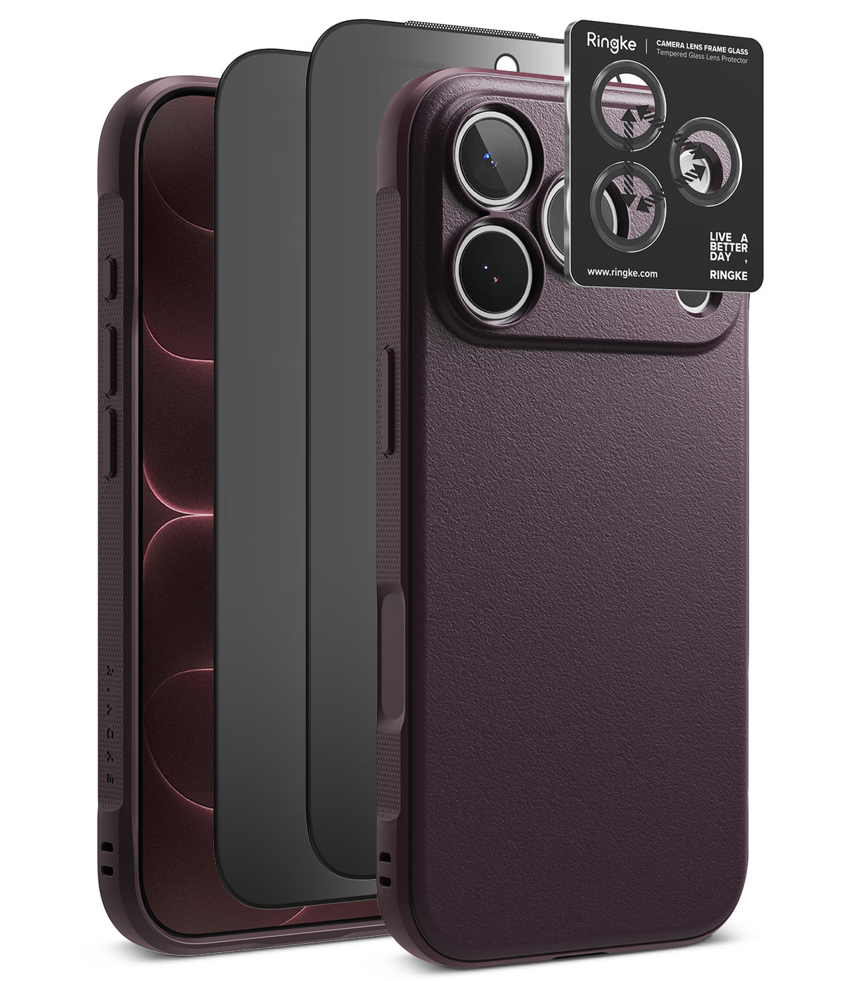 iPhone 18 Pro Max | Onyx + Privacy (2P) - Three Ringke phone cases in different colors (dark burgundy, matte black, and textured dark purple) are displayed alongside a black lens protector sticker on a clean white background.