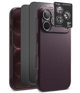iPhone 18 Pro Max | Onyx + Privacy (2P) - Three Ringke phone cases in different colors (dark burgundy, matte black, and textured dark purple) are displayed alongside a black lens protector sticker on a clean white background.