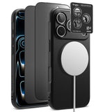 [Bundle] iPhone 18 Pro / Pro Max | Onyx Magnetic + Privacy Protectors - Three black protective phone cases are shown on iPhones, with the front case featuring a textured leather-look back, a large white MagSafe ring, and a small black Ringke camera lens protector sticker applied to the camera module.