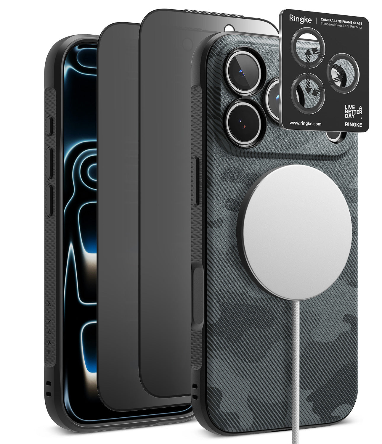 [Bundle] iPhone 18 Pro / Pro Max | Onyx Magnetic + Privacy Protectors - Three smartphone cases shown on phones against a white background: a black case, a dark gray case, and a dark gray carbon-fiber-style case with a large white MagSafe ring. A small Ringke camera lens protector card is visible at the top right.