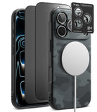 [Bundle] iPhone 18 Pro / Pro Max | Onyx Magnetic + Privacy Protectors - Three smartphone cases shown on phones against a white background: a black case, a dark gray case, and a dark gray carbon-fiber-style case with a large white MagSafe ring. A small Ringke camera lens protector card is visible at the top right.