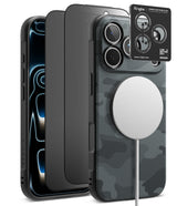 [Bundle] iPhone 18 Pro / Pro Max | Onyx Magnetic + Privacy Protectors - Three smartphone cases shown on phones against a white background: a black case, a dark gray case, and a dark gray carbon-fiber-style case with a large white MagSafe ring. A small Ringke camera lens protector card is visible at the top right.