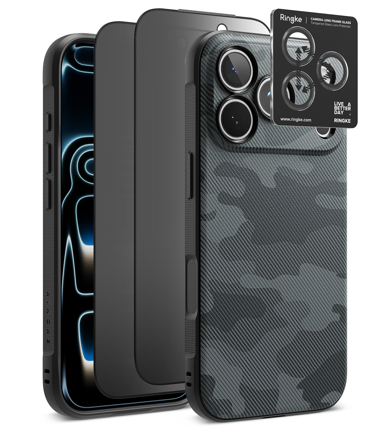 [Bundle] iPhone 18 Pro / Pro Max | Onyx + Privacy Protectors - Three views of a black protective phone case with a carbon fiber texture and a dark gray camouflage pattern on the back, shown alongside a black Ringke camera lens guard sticker.