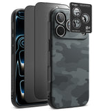 [Bundle] iPhone 18 Pro / Pro Max | Onyx + Privacy Protectors - Three views of a black protective phone case with a carbon fiber texture and a dark gray camouflage pattern on the back, shown alongside a black Ringke camera lens guard sticker.