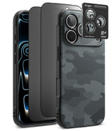 [Bundle] iPhone 18 Pro / Pro Max | Onyx + Privacy Protectors - Three views of a black protective phone case with a carbon fiber texture and a dark gray camouflage pattern on the back, shown alongside a black Ringke camera lens guard sticker.