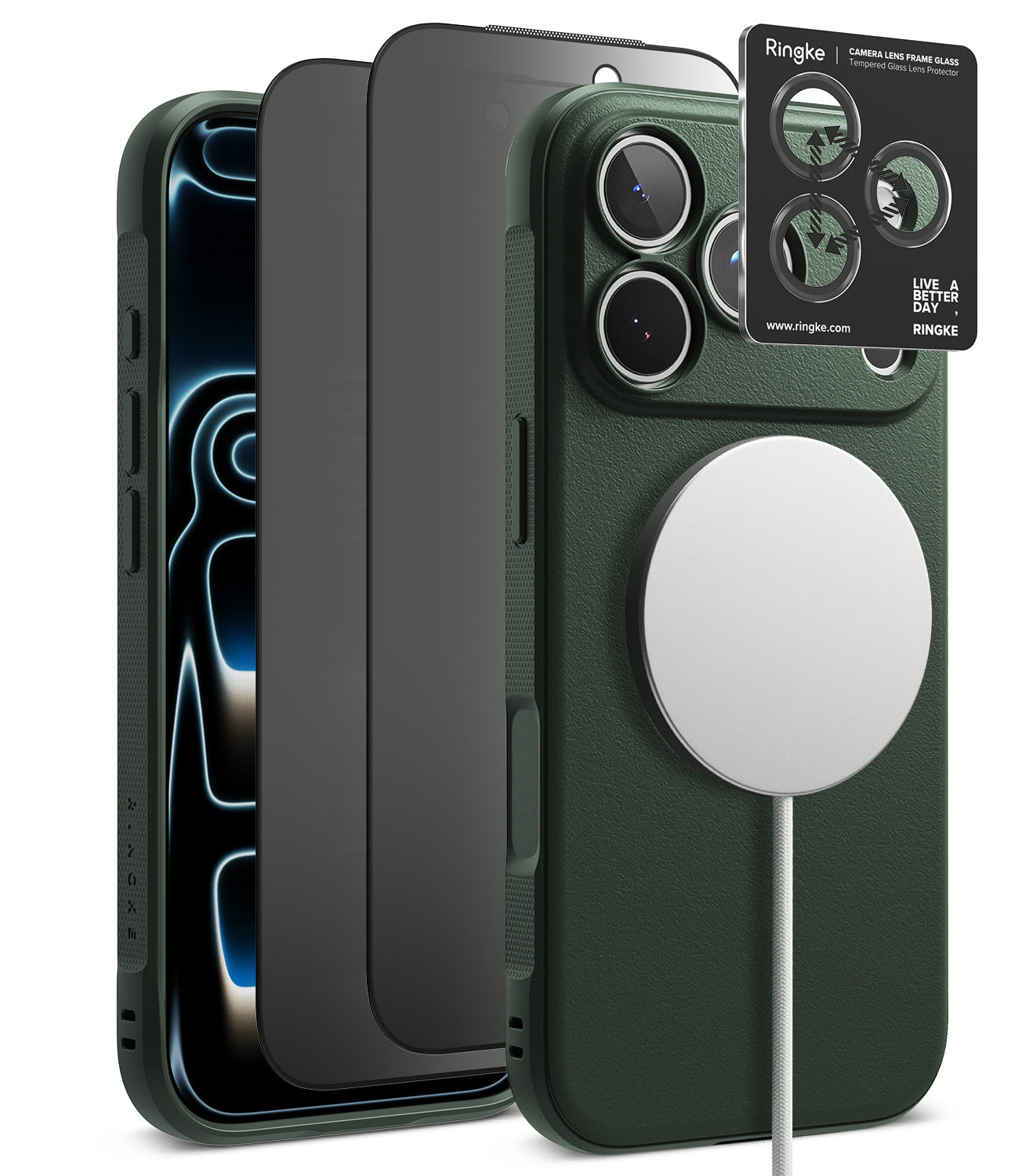 [Bundle] iPhone 18 Pro / Pro Max | Onyx Magnetic + Privacy Protectors - Three Ringke iPhone cases in different colors (dark green textured, matte black, and dark gray) are displayed alongside a Ringke camera lens protector and a white MagSafe charger on a clean white background.
