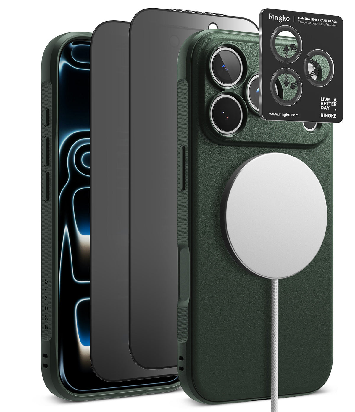 [Bundle] iPhone 18 Pro / Pro Max | Onyx Magnetic + Privacy Protectors - Three Ringke iPhone cases in different colors (dark green textured, matte black, and dark gray) are displayed alongside a Ringke camera lens protector and a white MagSafe charger on a clean white background.