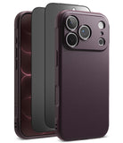 iPhone 18 Pro Max | Onyx + Privacy (2P) - Three views of a dark purple textured phone case with a black bumper frame, shown on a white background.