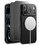 [Bundle] iPhone 18 Pro / Pro Max | Onyx Magnetic + Privacy Protectors - A black textured MagSafe-compatible phone case shown on a smartphone, with the back view featuring a large white circular MagSafe ring and a white charging cable, alongside additional angled views of the case on a white background.