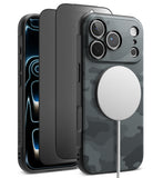 [Bundle] iPhone 18 Pro / Pro Max | Onyx Magnetic + Privacy Protectors - Three views of a black protective phone case with a carbon-fiber textured back and MagSafe compatibility, shown on a white background.