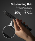 iPhone 18 Pro / Pro Max Case Rugged Gear all-groups - A hand holds a slim black protective phone case against a dark gray background, with text reading 'Outstanding Grip' and details about weight 49.9g and thickness 2.