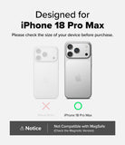 iPhone 18 Pro Max Case | Rugged Gear - A compatibility graphic for an iPhone 18 Pro Max phone case, showing two phone back views: a white case marked with a pink X for iPhone 18 Pro and a clear/silver case marked with a green circle for iPhone 18 Pro Max. Text states the product is designed for iPhone 18 Pro Max and advises checking device size.