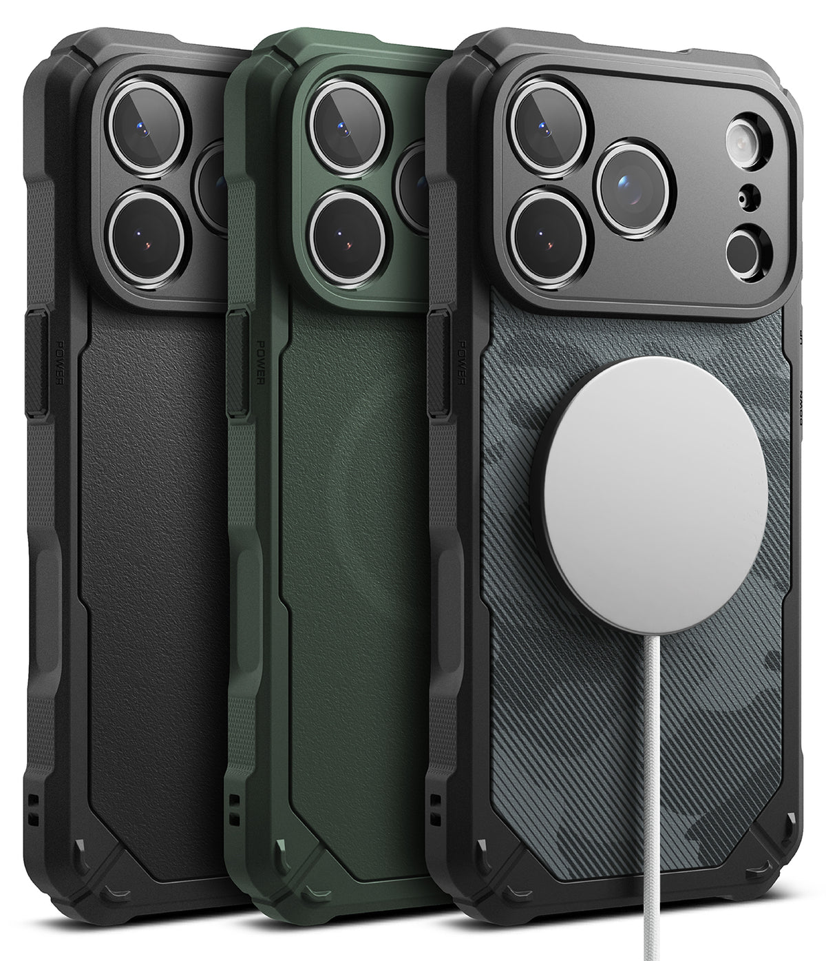 iPhone 18 Pro Max Case | Rugged Gear Magnetic - Three rugged phone cases shown from the back in black, dark green, and camouflage, with a white MagSafe-style magnetic ring attached to the right case, on a clean white background.