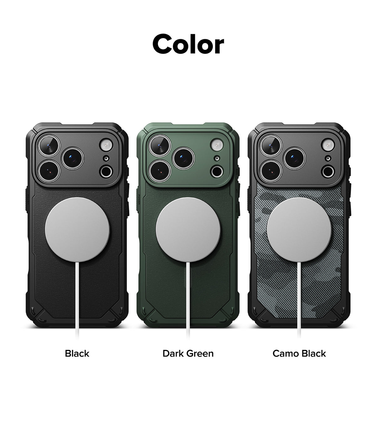 iPhone 18 Pro / Pro Max Case Rugged Gear Magnetic all-groups - Three phone cases shown side by side under the heading 'Color' on a white background, labeled Black, Dark Green, and Camo Black. Each case has a large circular MagSafe ring on the back.