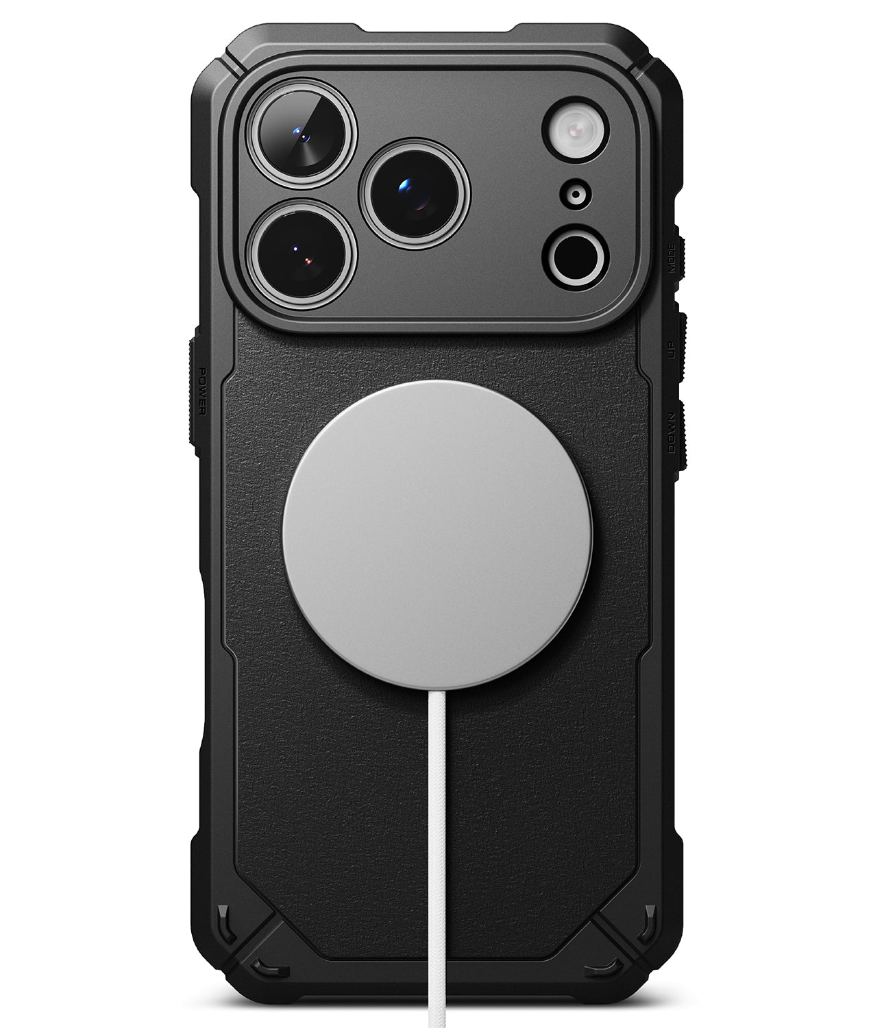 iPhone 18 Pro Max Case | Rugged Gear Magnetic - A black rugged protective phone case with a large silver MagSafe-compatible circular magnetic ring on the back, shown on a white background.
