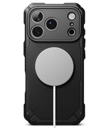 iPhone 18 Pro Max Case | Rugged Gear Magnetic - A black rugged protective phone case with a large silver MagSafe-compatible circular magnetic ring on the back, shown on a white background.