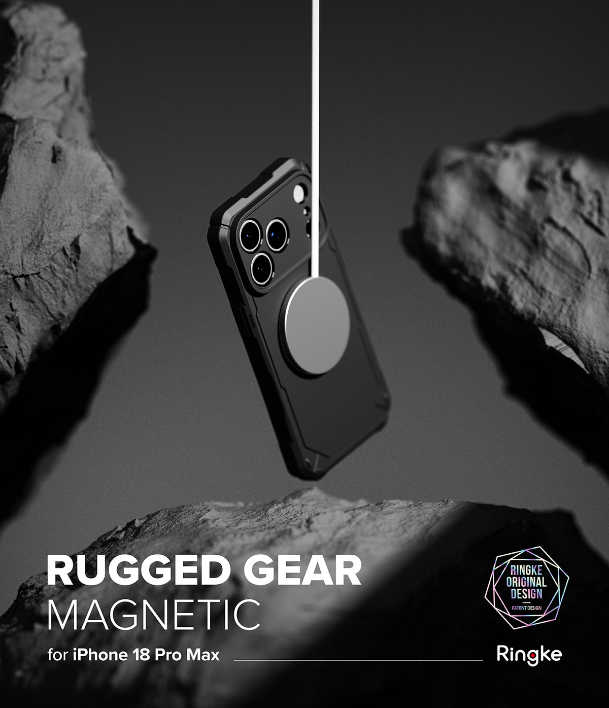 iPhone 18 Pro Max Case | Rugged Gear Magnetic - A black rugged phone case with a circular magnetic ring is shown floating between dark rock formations. The text at the bottom reads 'RUGGED GEAR MAGNETIC for iPhone 18 Pro Max' with the Ringke logo in the lower right.