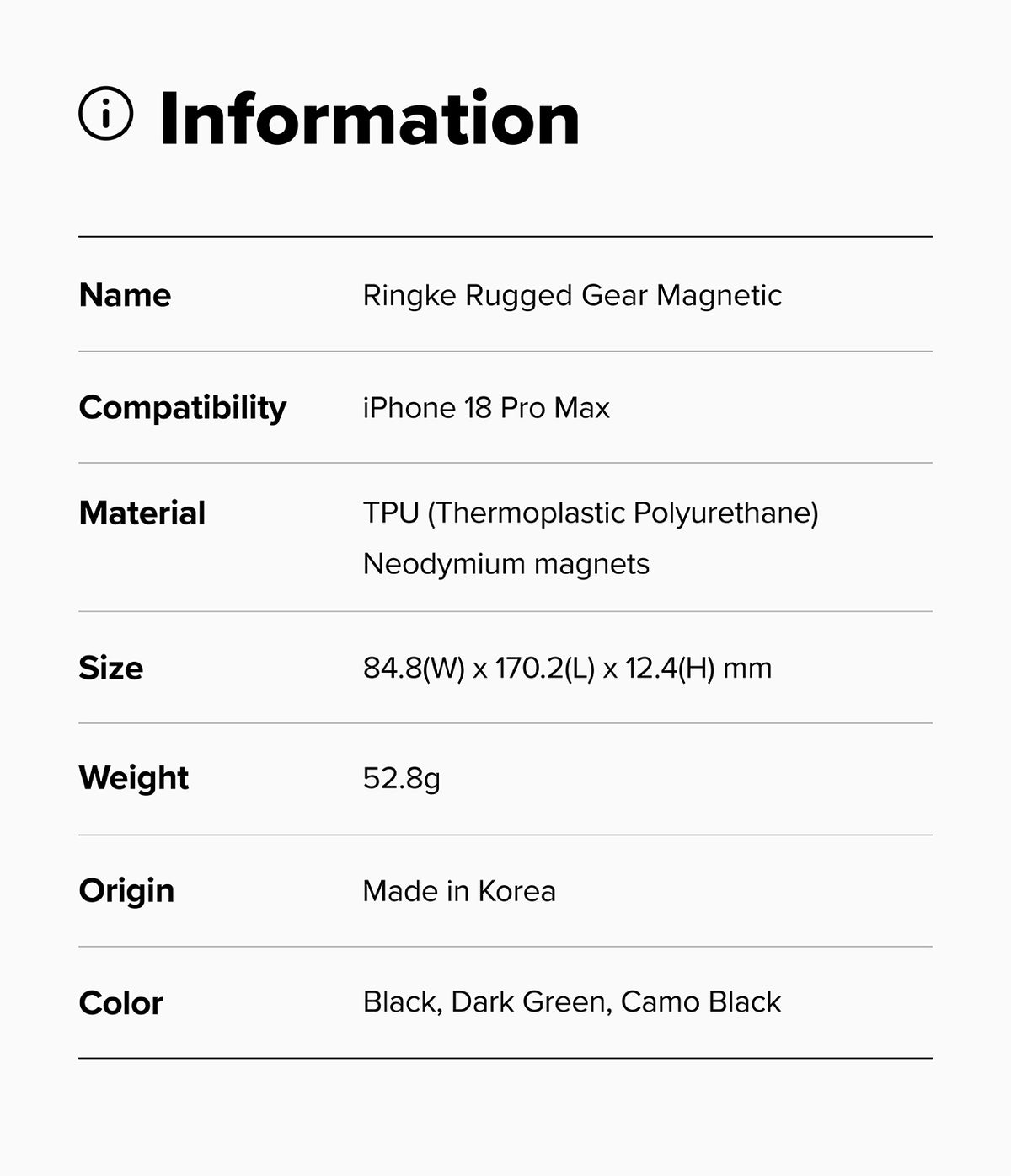 iPhone 18 Pro Max Case | Rugged Gear Magnetic - Product information card for Ringke Rugged Gear Magnetic case with compatibility, material, size, weight, origin, and color details.