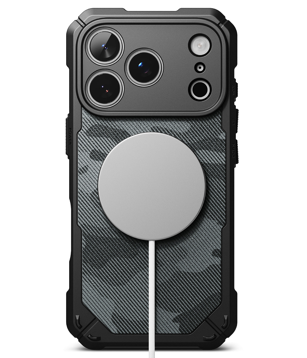 iPhone 18 Pro Max Case | Rugged Gear Magnetic - A rugged black phone case with a dark gray and black camouflage pattern back panel, featuring a large circular MagSafe-compatible magnetic ring on the back and a white charging cable extending from it, shown on a white background.