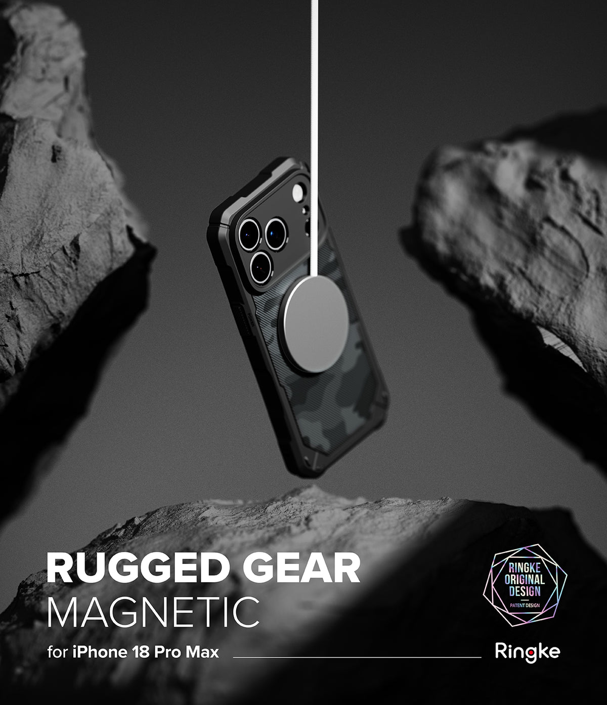 iPhone 18 Pro Max Case | Rugged Gear Magnetic - A black and dark gray camouflage rugged phone case with a circular magnetic ring, shown floating between rocky cliffs in a dramatic black-and-white promotional graphic. Text reads 'RUGGED GEAR MAGNETIC for iPhone 18 Pro Max' with Ringke branding.
