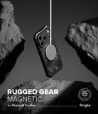 iPhone 18 Pro Max Case | Rugged Gear Magnetic - A black and dark gray camouflage rugged phone case with a circular magnetic ring, shown floating between rocky cliffs in a dramatic black-and-white promotional graphic. Text reads 'RUGGED GEAR MAGNETIC for iPhone 18 Pro Max' with Ringke branding.