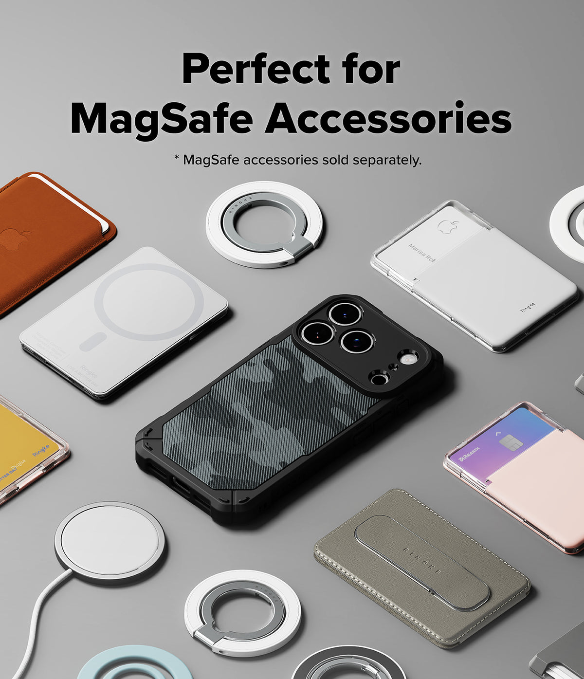 iPhone 18 Pro Max Case | Rugged Gear Magnetic - A smartphone case with a dark gray and black camouflage pattern is shown in a styled flat-lay arrangement with various MagSafe accessories on a light gray background. Text at the top reads 'Perfect for MagSafe Accessories' with a note that MagSafe accessories are sold separately.