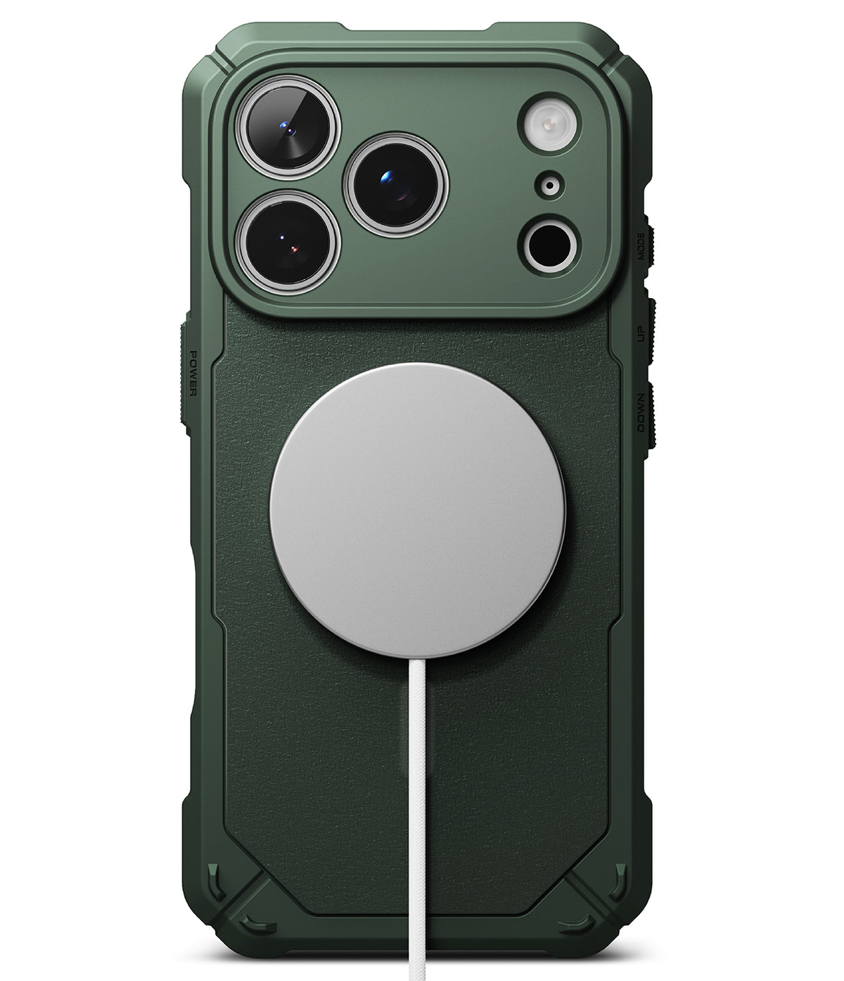 iPhone 18 Pro Max Case | Rugged Gear Magnetic - A dark green rugged phone case with a large circular MagSafe-compatible magnetic ring on the back, shown on a white background.