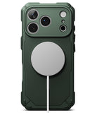 iPhone 18 Pro Max Case | Rugged Gear Magnetic - A dark green rugged phone case with a large circular MagSafe-compatible magnetic ring on the back, shown on a white background.