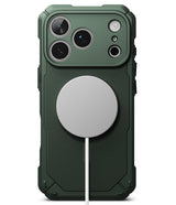 iPhone 18 Pro Max Case | Rugged Gear Magnetic - A dark green rugged phone case with a large circular MagSafe-compatible magnetic ring on the back, shown on a white background.