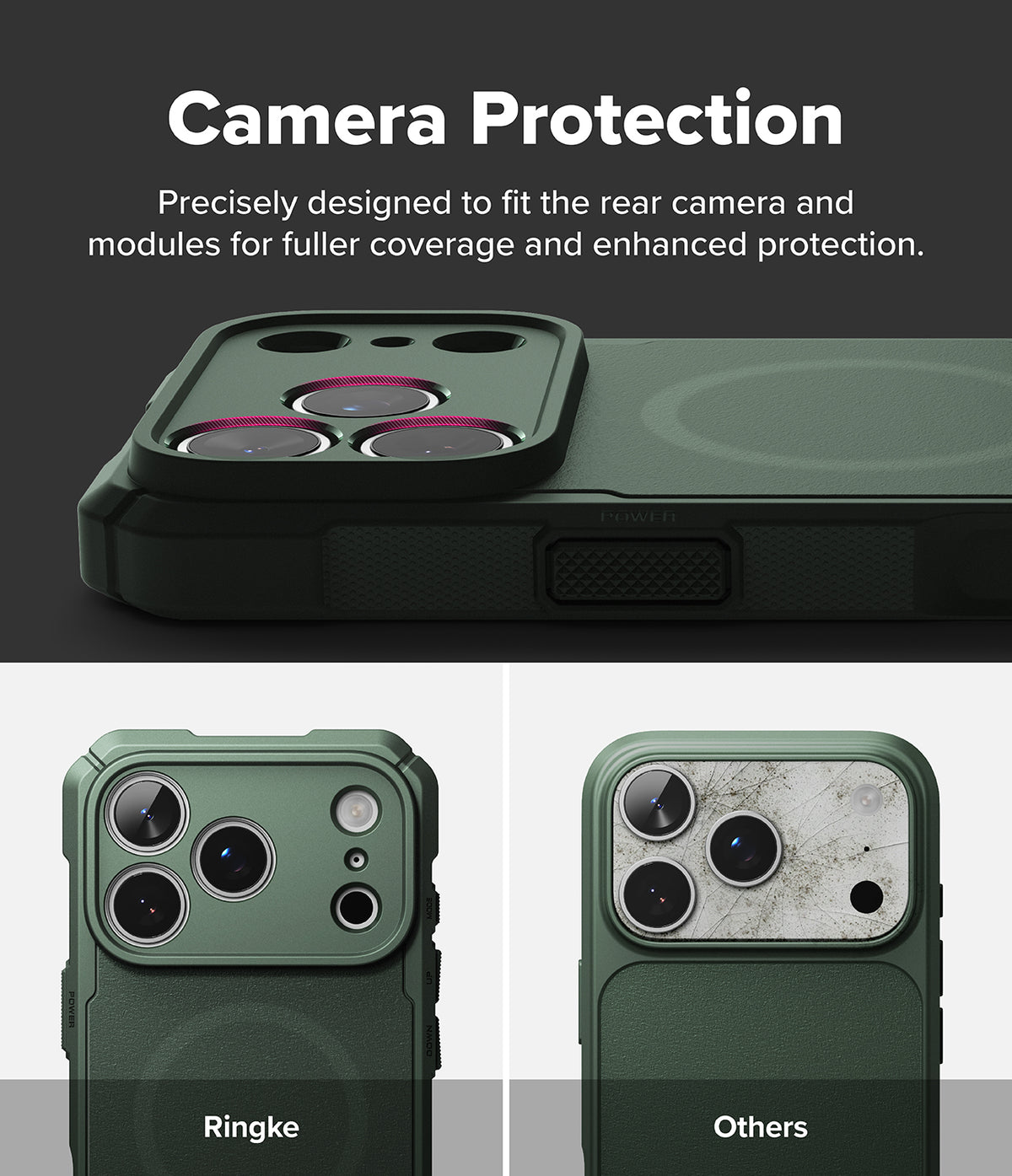 iPhone 18 Pro Max Case | Rugged Gear Magnetic - Dark green camera protection case shown on a phone, with text reading 'Camera Protection' and two smaller examples at the bottom labeled Ringke and Others.