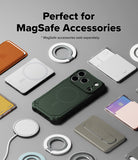 iPhone 18 Pro Max Case | Rugged Gear Magnetic - A dark green MagSafe-compatible phone case shown on a smartphone, surrounded by other MagSafe accessories like magnetic rings, a wireless charger, and a card holder on a gray background. Text at the top reads 'Perfect for MagSafe Accessories' with a note that MagSafe accessories are sold separately.
