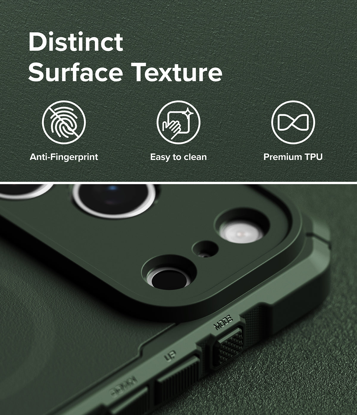 iPhone 18 Pro Max Case | Rugged Gear Magnetic - Dark green rugged phone case with a raised camera bezel, shown close-up on a matching textured background. The top portion includes marketing text reading 'Distinct Surface Texture' with icons for anti-fingerprint, easy to clean, and premium TPU.