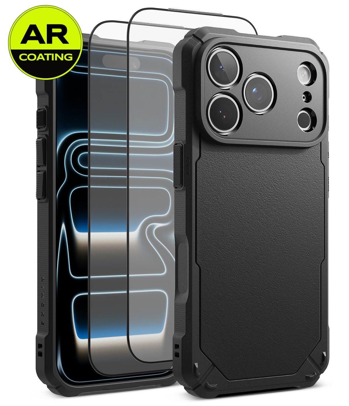 [Bundle] iPhone 18 Pro / Pro Max | Rugged Gear + AR Protectors - Black rugged phone case with a raised camera cutout, shown alongside a transparent screen protector and a yellow AR Coating badge on a white background.