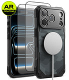 [Bundle] iPhone 18 Pro / Pro Max | Rugged Gear Magnetic + AR Protectors - A black rugged phone case with a carbon fiber-style textured back, shown alongside a clear AR-coated screen protector and a white MagSafe-compatible ring. A yellow circular 'AR COATING' badge is in the top-left corner.
