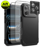 [Bundle] iPhone 18 Pro / Pro Max | Rugged Gear + AR Protectors - Black rugged phone case with a raised camera bezel, shown alongside two clear AR-coated screen protectors and a Ringke camera lens protector sticker on a white background.