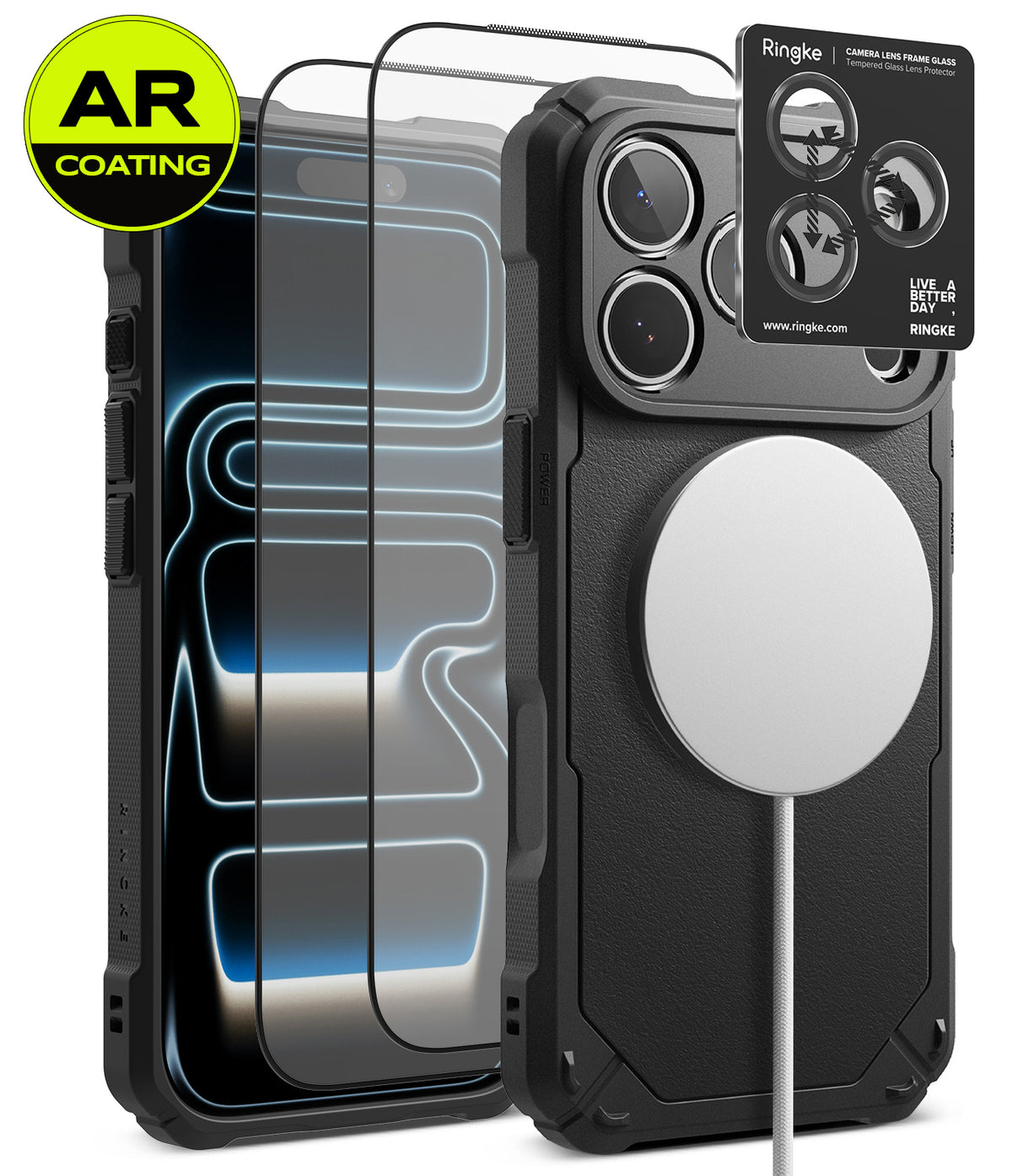 [Bundle] iPhone 18 Pro / Pro Max | Rugged Gear Magnetic + AR Protectors - Black rugged phone case with MagSafe compatibility, shown with a clear AR-coated screen protector and a camera lens protector sticker. The image features a black phone inside the case and a white charging cable attached to the MagSafe ring on the back.